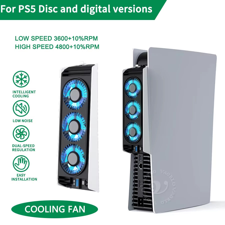 For PS5 Disc Version and Digital Version Console Cooling Fan with USB3.0 Hub 2-Speed Adjustment Game Accessories Cooling System