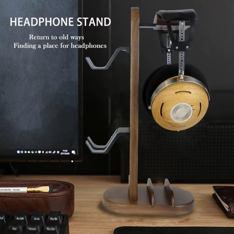 Hellodigi Headphone Stand Walnut Wood Headset Stand PS5 Controller Rack Headphone Holder Aluminum Alloy Support Headset Holder