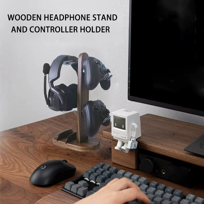 Hellodigi Headphone Stand Walnut Wood Headset Stand PS5 Controller Rack Headphone Holder Aluminum Alloy Support Headset Holder