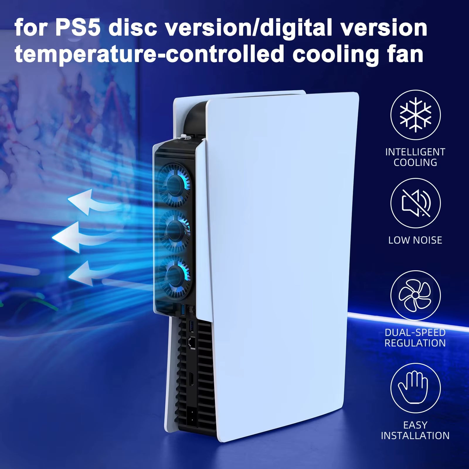 For PS5 Disc Version and Digital Version Console Cooling Fan with USB3.0 Hub 2-Speed Adjustment Game Accessories Cooling System