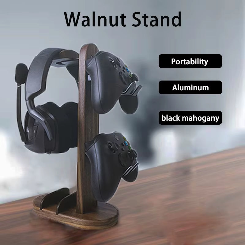 Hellodigi Headphone Stand Walnut Wood Headset Stand PS5 Controller Rack Headphone Holder Aluminum Alloy Support Headset Holder