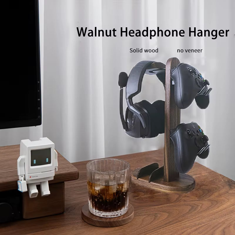 Hellodigi Headphone Stand Walnut Wood Headset Stand PS5 Controller Rack Headphone Holder Aluminum Alloy Support Headset Holder