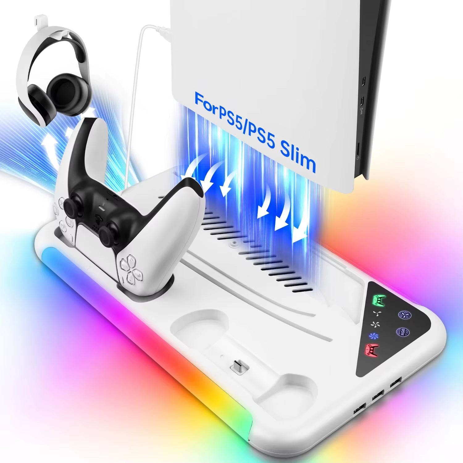 For PS5/PS5 Slim Cooling Stand with RGB Light Fan for PS5 Console Disc&Digital Editions for PS5 with 3 Levels Cooling Fan