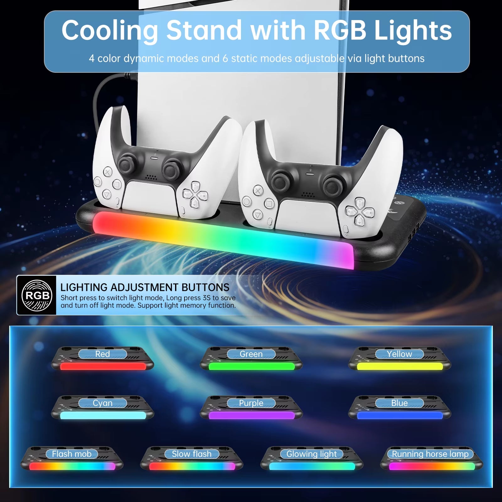 For PS5/PS5 Slim Cooling Stand with RGB Light Fan for PS5 Console Disc&Digital Editions for PS5 with 3 Levels Cooling Fan