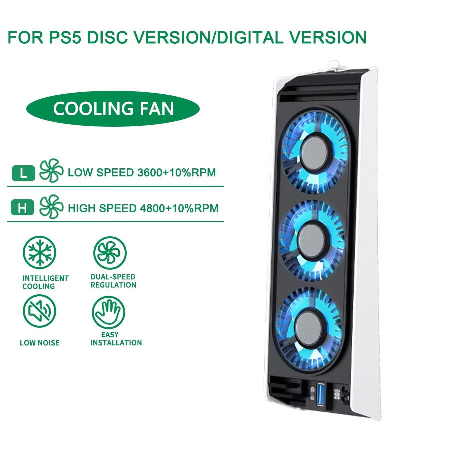 For PS5 Disc Version and Digital Version Console Cooling Fan with USB3.0 Hub 2-Speed Adjustment Game Accessories Cooling System